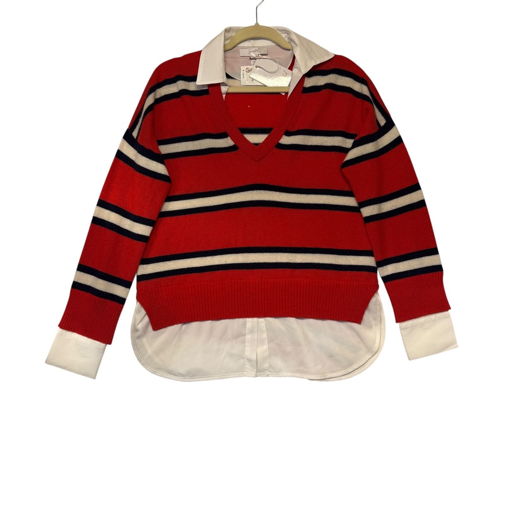 Scripted Wool Cashmere Striped V-Neck Layered Shirt Sweater Old Money‎ JER2525 M